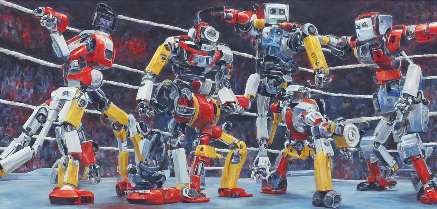 Image similar to Photorealistic painting of two robots in a wwe match