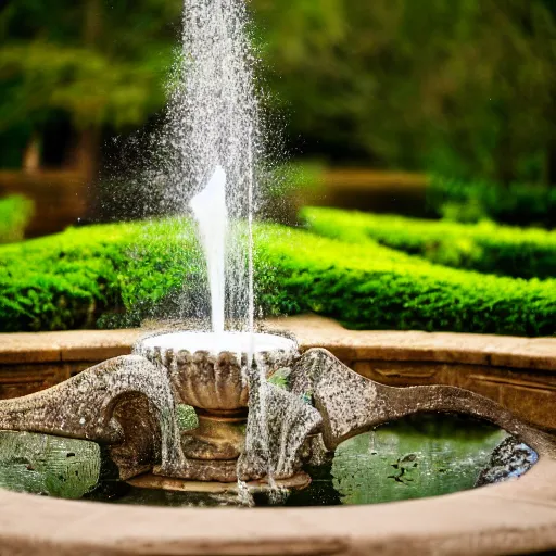 Image similar to photograph of fountain, feminine, beautiful, curvy, garden background, romantic, sensual, shallow depth of field, romantic lighting