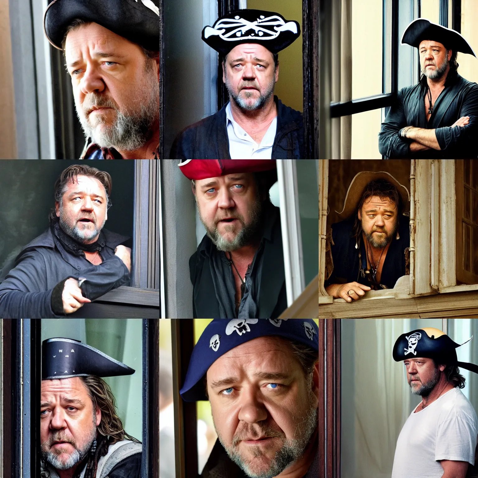 Image similar to russell crowe behind a window wearing a pirate hat staring out towards camera