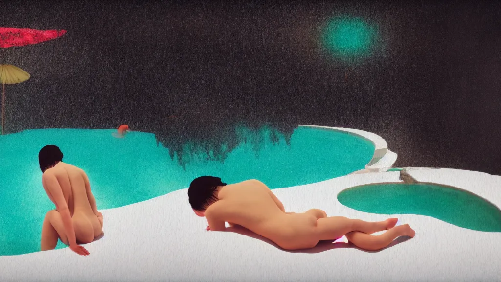 Image similar to a bather in a natural hot spring, japan, a collage painting, in the style of wes anderson, lola dupre, david hockney, isolated on negative white space background dark monochrome neon spraypaint accents volumetric octane render