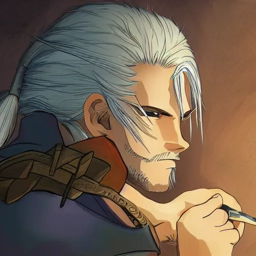 Image similar to well drawn illustartion of Anime geralt of rivia examining a sleeping dragon wide angle sharp fine details in the style of studio ghibli realistic shaded lighting