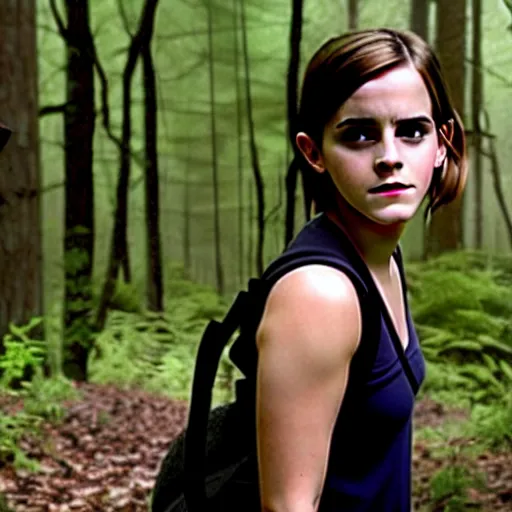 Prompt: emma watson, found footage, in woods, front light, blair witch