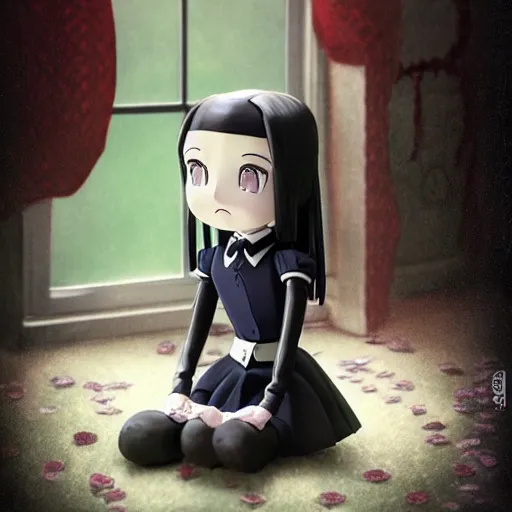 Prompt: Manga cover portrait of Wednesday Addams-chan anime girl sitting elegantly next to her pet crow in a noir Victorian setting, 3d render diorama by Hayao Miyazaki, official Studio Ghibli still, color graflex macro photograph, Pixiv, Daz Studio