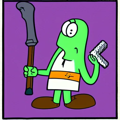 Image similar to squidward from spongebob squarepants with hair, holding a hammer, by stephen hillenburg