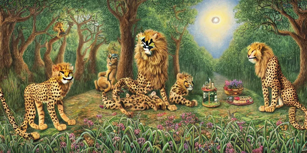 Image similar to cheetah and lion in front of birthday table in fairytale forest , huge scale, high detail, intricate by Axel Scheffler