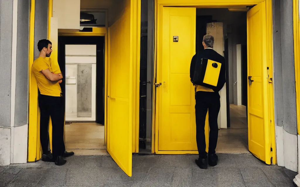 Prompt: a man standing in a doorway holding a yellow and black suitcase