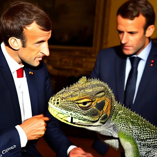 Prompt: Emmanuel Macron having a meeting with reptiles, reptiles, reptiles, reptiles, dramatic lighting, dark image, photography, masterpiece