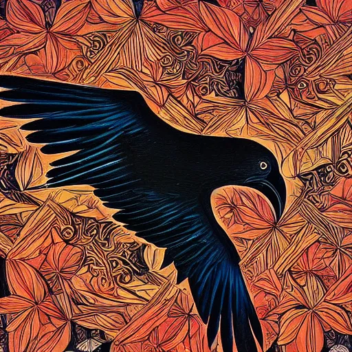 Image similar to a simple crow painting by Android Jones and M. C. Escher collaboration