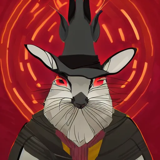 Prompt: anthropomorphic jackrabbit harengon with black skin, wearing stylized monk robes and a wide brimmed hat, digital art featured on artstation