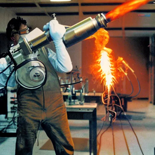 Prompt: colour photograph of a laboratory where a scientist with a flamethrower fights off the giant omega death virus which is attacking him with its tentacles.