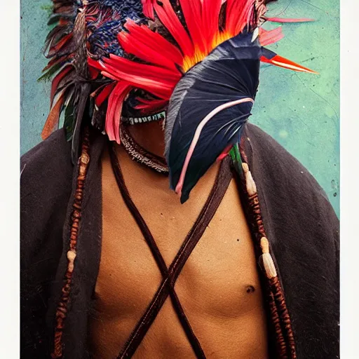 Prompt: a male tupi guarani warrior portrait with bird of paradise flower covering his face, art by marco mazzoni, dark background, asymmetrical, cinematic, colors red white blue and black