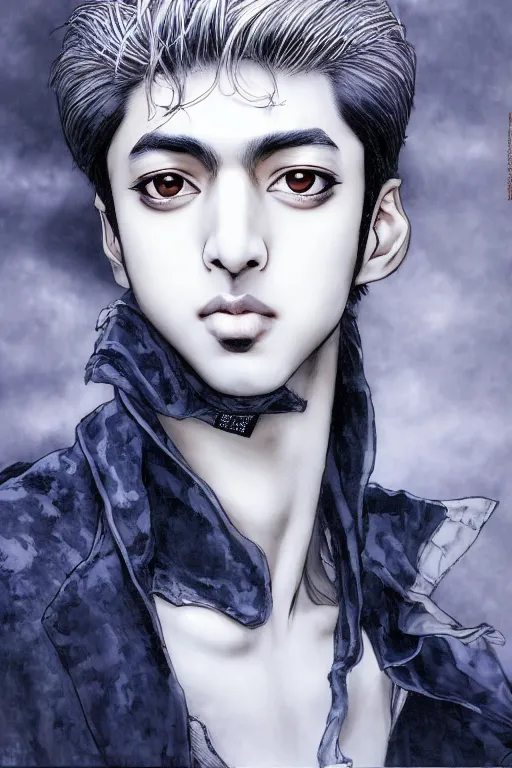 Prompt: beautiful medium shot manga portrait of mahmood inspired by ayami kojima with short hair dressed with a white t - shirt, white background white bank studio light, art by yoshitaka amano and shingo tamagawa, sharp focus, high quality, 8 k