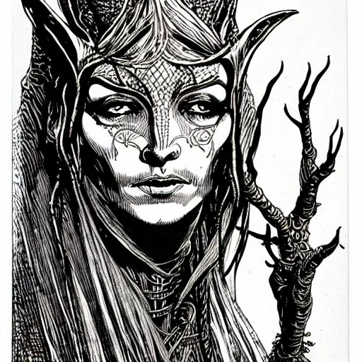 Image similar to close up elven witch,intricate, veins, by Hugo pratt, ultradetailed