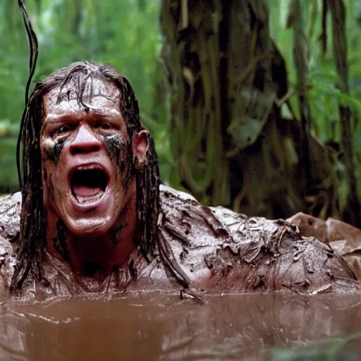 Image similar to film still of john cena as major dutch, covered in mud, hiding from the predator a few feet away from him in swamp scene in 1 9 8 7 movie predator, hd, 8 k