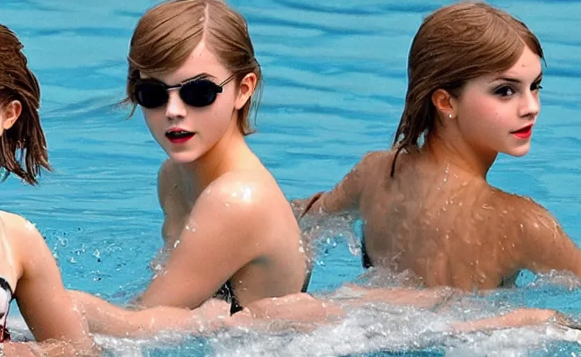 Image similar to emma watson and taylor swift and selena gomez swim together. perfect faces.