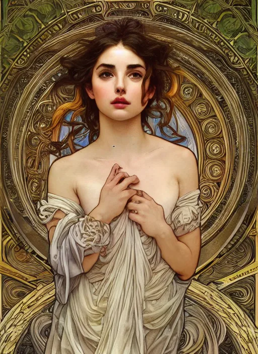 Prompt: Ana de Armas as God of Beauty, cute, fantasy, intricate, elegant, highly detailed, digital painting, 4k, HDR, concept art, smooth, sharp focus, illustration, art by alphonse mucha,artgerm, H R Giger