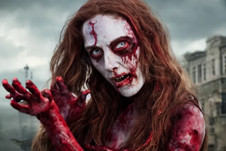 Image similar to film still of zombie zombie Scarlet Witch as a zombie in new avengers movie, 4k