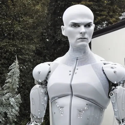 Image similar to made of ice, a realistic detailed photo of a guy who is an attractive humanoid who is half robot and half humanoid, who is a male android, on display, blank stare, showing off his muscles, shiny skin, posing like a statue, by the pool, frozen ice statue, f 1 driver max verstappen, humanoid robot