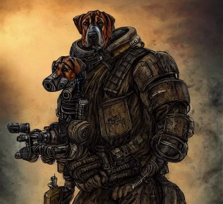 Image similar to a good ol'bloodhound pup fursona ( from the furry fandom ), heavily armed and armored facing down armageddon in a dark and gritty version from the makers of mad max : fury road. witness me.