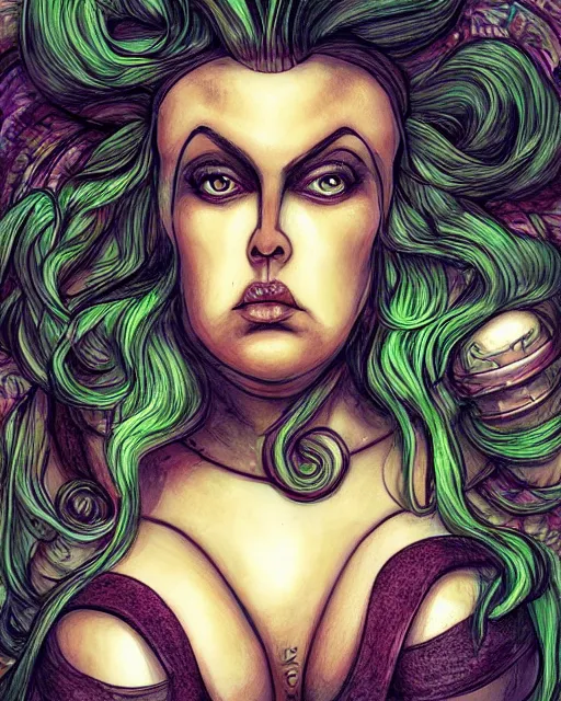 Image similar to waist - up portrait of a gorgeous woman, obese, muscular. mixed media, fantasy aesthetic. beautiful face!!! in the style of android jones, the dark crystal, heade, ralph bakshi.