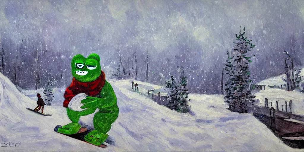 Prompt: pepe the frog snowboarding in terrain park, gloomy landscape, expressive oil painting by christopher radlund and camille pissaro