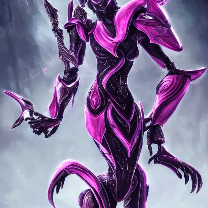 Prompt: highly detailed exquisite fanart, of a beautiful female warframe, but as a stunning anthropomorphic robot female dragon, standing elegantly with hand on hip, shining reflective off-white plated armor, slick elegant design, bright Fuchsia skin, sharp claws, close full body shot, epic cinematic shot, realistic, professional digital art, high end digital art, DeviantArt, artstation, Furaffinity, 8k HD render, epic lighting, depth of field