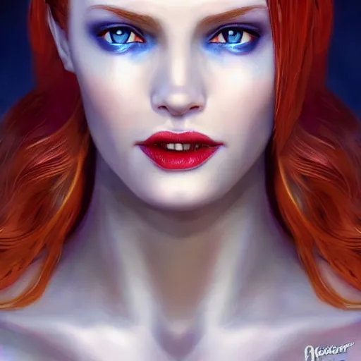 Image similar to redhead vampire sorceress, perfect face viewed in profile, bright glowing blue and silver eyes, gold shirt, cinematic, floating ash, stunning, highly detailed, artstation, smooth, hard focus, concept art, art by artgerm and greg rutkowski and alphonse mucha, volumetric lighting, octane render, 4 k resolution, trending on artstation, masterpiece