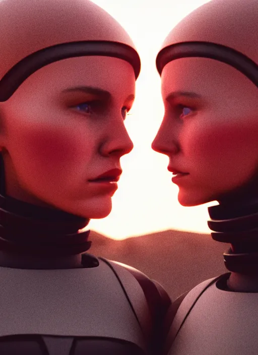 Prompt: cinestill 5 0 d photographic portrait of two loving female androids wearing rugged black techwear on a desolate plain with a red sky, brutalist structure, extreme closeup, cyberpunk style, dust storm, 8 k, hd, high resolution, 3 5 mm, f / 3 2, ultra realistic faces, ex machina