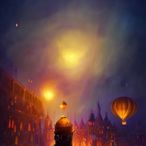 Image similar to a beautiful stunning fantasy whimsical matte digital illustration of a scene of a hot - air balloon powered by magic! over a lit city at night by marc simonetti, pastel color palette, disney magic the gathering steampunk!!!, chiaroscuro magical! bokeh moon stars dramatic romantic! epic breathtaking, trending on artstation hq, masterpiece