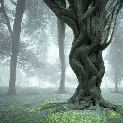 Prompt: octane render, ancient tree in a misty forest, overgrown, micro details