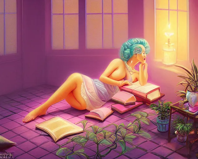 Image similar to a pastel painting of a woman wizard lounging on a purpur pillow on the marbled checkered floor in her study room reading an ancient tome. to the side is a potted plant, candlelit raytracing. ancient oriental retrofuturistic fantasy setting. 4 k key art. by yoshitaka amano and mark tedin