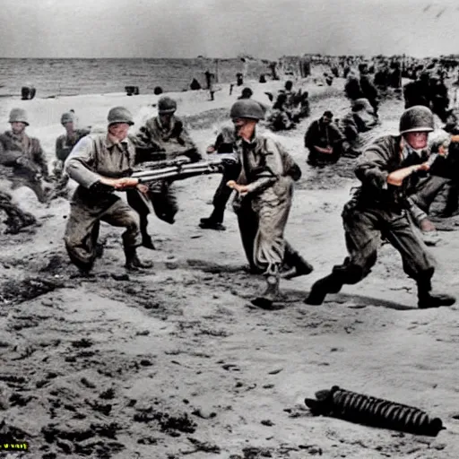 Prompt: ww 2 realistic photo in color beach landing, battle on the beach, blood everywhere, explosions