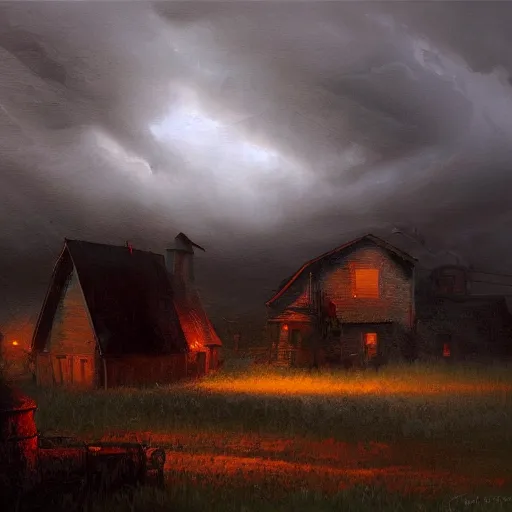 Image similar to a evil thunderstorm overtop a small farm, eerie, craig mullins