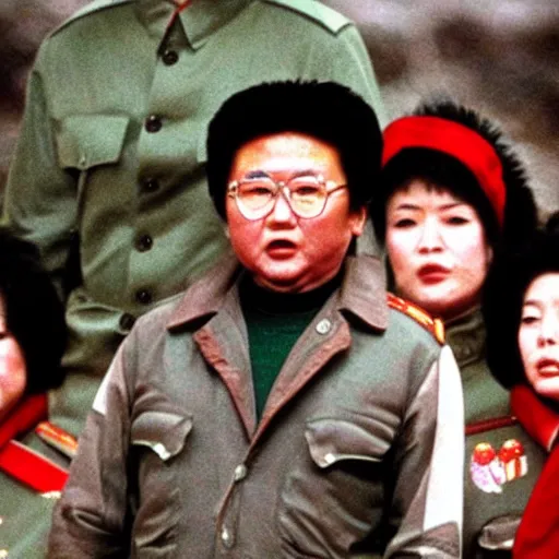 Image similar to a still of Kim Jong-il as John Rambo in Rambo First blood, red sweatband