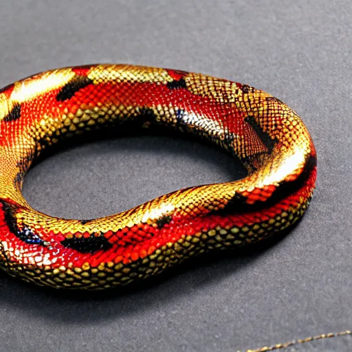 Prompt: beautiful coiled snake with metallic gold and red scales