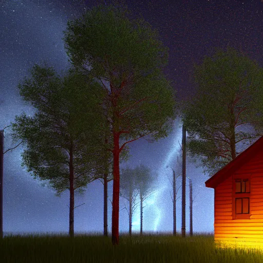 Image similar to a ultra realistic blue lightning arc over a cabin in the wood, by night. horror movie scene, stars in the sky. cow fences. complex, highly detailed, unreal engine 5, 8 k render