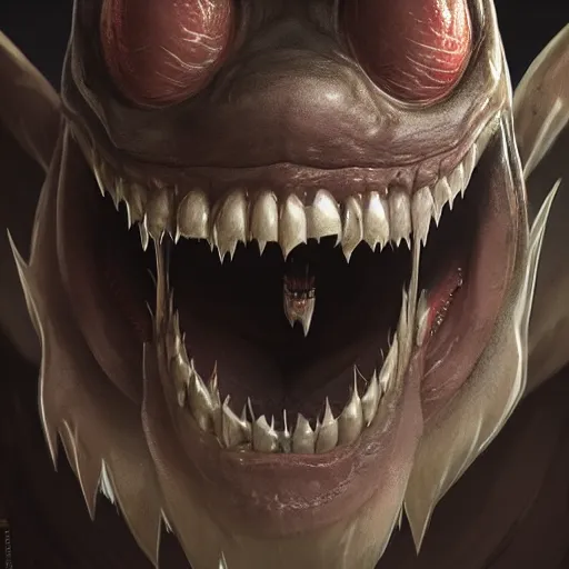 Image similar to logo of a monster with a very toothy smile, 8 k, shallow depth of field, greg rutkowski, moody lighting, ultra high detail, concept art,