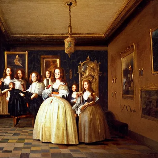 Image similar to extremely detailed oil painting of a family portrait in the main room of the castle painted in 1 6 5 6, dark room, one point of light coming through the window inspired by las meninas, clear spaces between each subject and good detail and realistic eyes, faces for each person, extreme perspective, textured photo - realism, inspired by diego velasquez better quiality