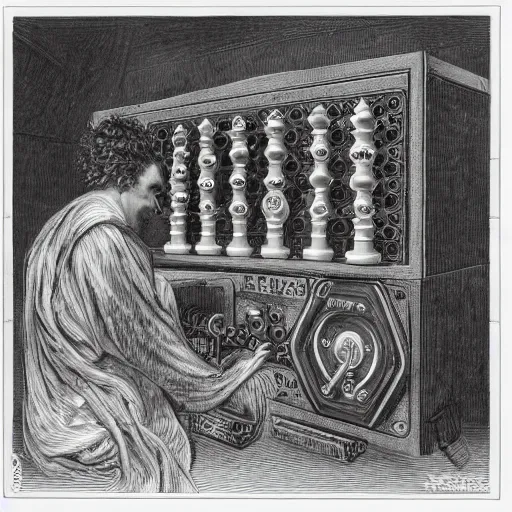 Image similar to an ancient machine, artificial intelligence chess machine, 1914 , in the style of Gustave Doré and Hito Steyerl, 35mm film