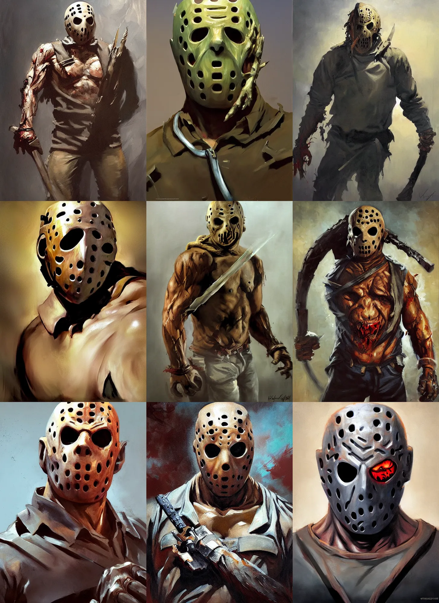 Prompt: greg manchess mid shot portrait painting of zombie muscular jason voorhees from evil dead mortal kombat as overwatch character, medium shot, asymmetrical, profile picture, organic painting, sunny day, matte painting, bold shapes, fozen ice hard edges, street art, trending on artstation, by huang guangjian and gil elvgren and sachin teng