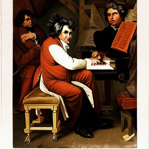 Prompt: beethoven sitting on a piano stool talking to bach who is standing next to him, renaissance painting, inside of a old wooden shack.