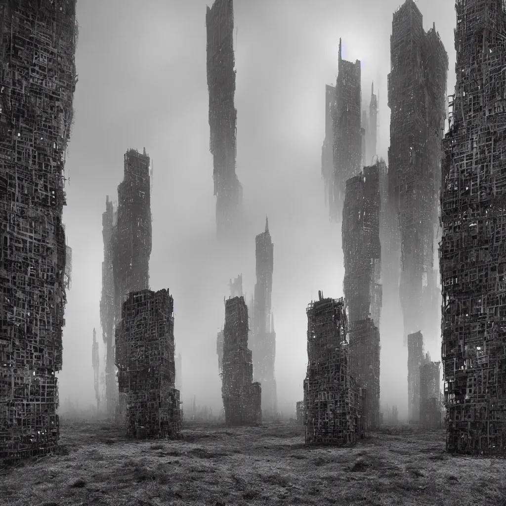 Image similar to two giant towers, made up of makeshift squatter shacks, misty, dystopia, mamiya rb 6 7, fully frontal view, very detailed, digital glitches, photographed by ansel adams