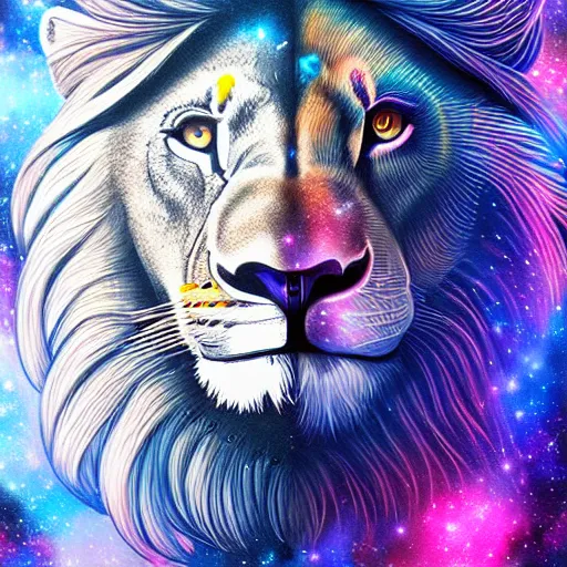 Prompt: geometric lion with galaxy eyes in space, nebula in the background, intricate, elegant, highly detailed, digital painting, artstation, concept art, smooth, sharp focus, illustration, art by artgerm