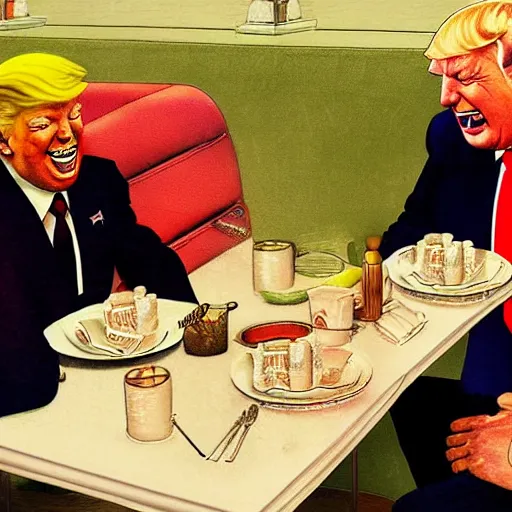 Image similar to smiling trump meets with [ laughing slaanesh warhammer 4 0 k ] at a diner, style of norman rockwell, 8 k, ultra detailed, photograph, rule of thirds.