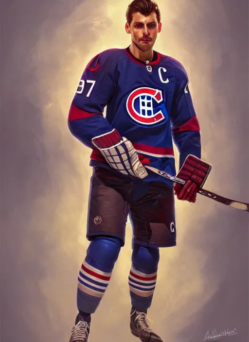 Image similar to ultra realistic illustration, handsome habs player. intricate, sainte flanelle suit, highly detailed, digital painting, artstation, concept art, smooth, sharp focus, illustration, art by artgerm and greg rutkowski and alphonse mucha and wlop