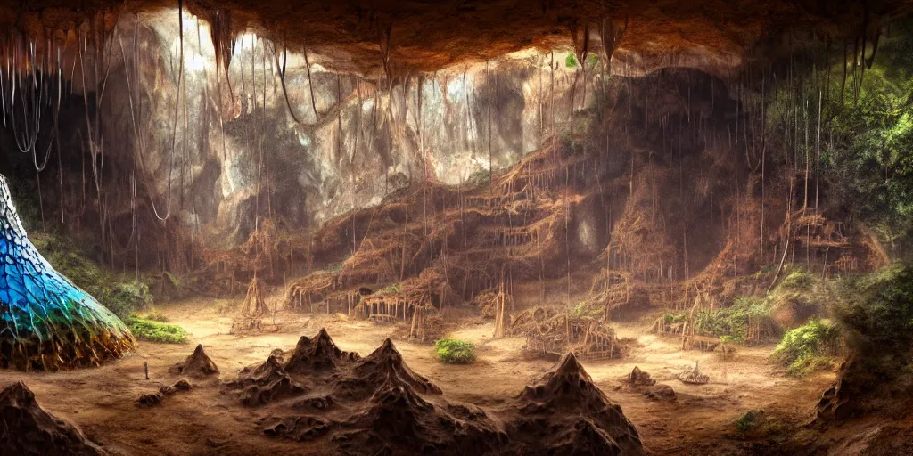 Image similar to a chrome conical drill visits a rusted cave mouth in the jungle, retrofuturistic, matte oil painting, speleothems, merchant tents, salt dunes, science fantasy, rpg, epic, extremely detailed, sharp focus, 4 k