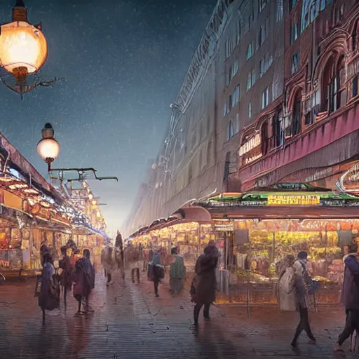 Image similar to ultra realistic illustration and highly detailed digital render of a intricate busy street by the central railway station, inside helsinki, finland, 2 0 2 2, by greg rutkowski and makoto shinkai, nighttime, dark sky, twinkly stars, amazing sky, migrating birds in the sky, colorful street lamps along road, natural stone road, asian style vendors