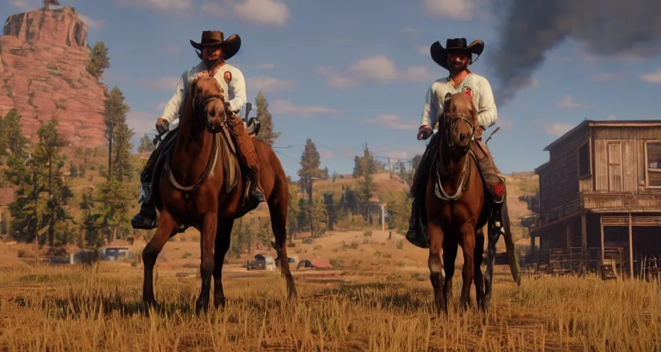 Image similar to Screenshot of Carl Brutananadilewski from Aqua Teen Hunger Force as a 3d cowboy in full cowboy attire in the videogame 'Red Dead Redemption 2'. Sharpened. 1080p. High-res. Ultra graphical settings.