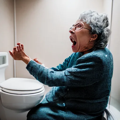 Prompt: elderly woman screaming at a toilet, canon eos r 3, f / 1. 4, iso 2 0 0, 1 / 1 6 0 s, 8 k, raw, unedited, symmetrical balance, wide angle