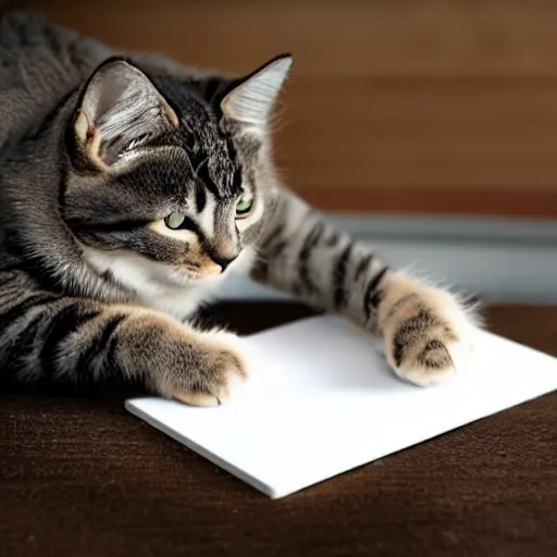 Image similar to a photo of a cat writing the word meow on a notepad